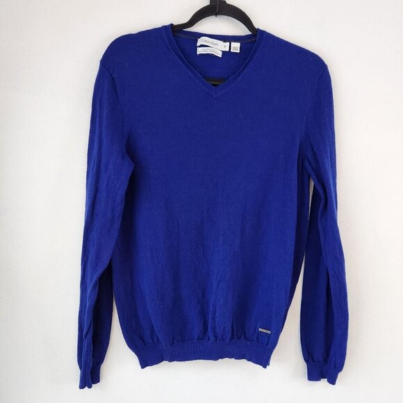 Calvin Klein Extra Fine Merino Wool Sweater Blue Knit V-Neck Classic Men's S - Picture 1 of 7